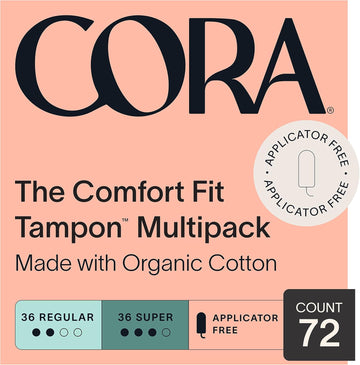 Cora 100% Organic Cotton Non-Applicator Tampons | Ultra-Absorbent, Unscented, Natural, Non-Toxic, Applicator Free | Eco-Conscious (72 R/S Tampons)