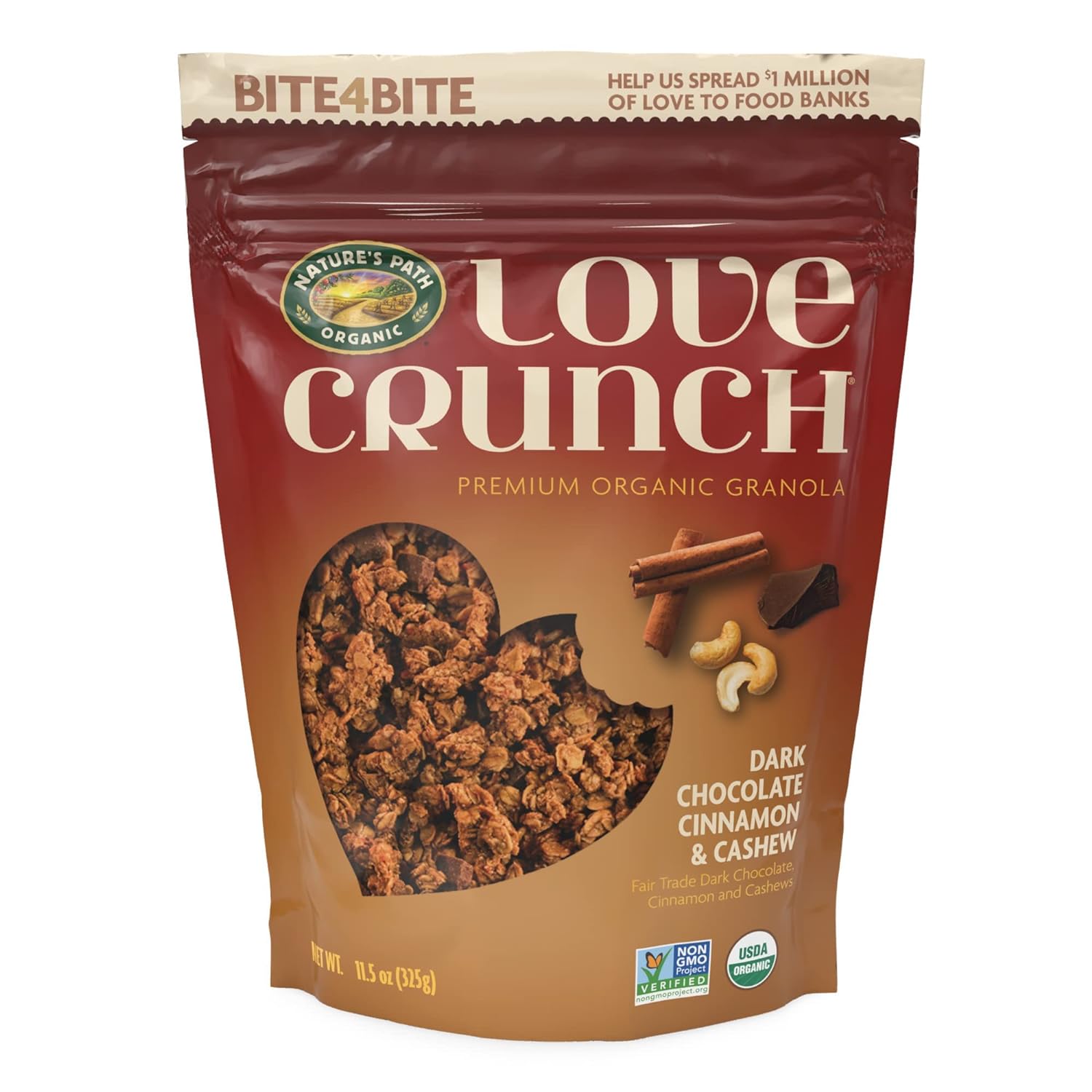 Love Crunch Organic Dark Chocolate Cinnamon and Cashew Granola, 11.5 Ounce (Pack of 6), Non-GMO, Fair Trade, by Nature's Path