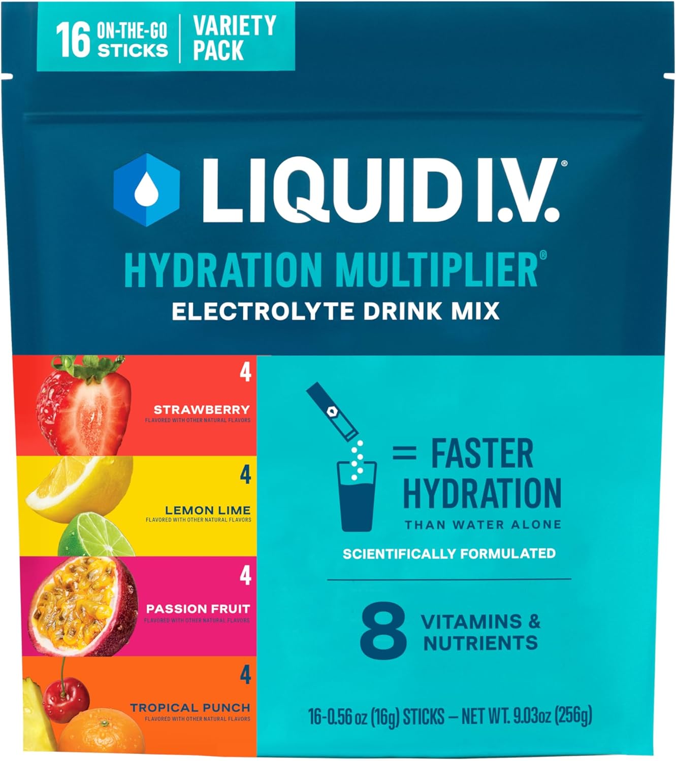 Liquid I.V.® Hydration Multiplier® Best Sellers - Lemon Lime, Passion Fruit, Strawberry, Tropical Punch - Hydration Powder Packets, Electrolyte Powder Drink Mix, 16 Servings (Pack Of 1)