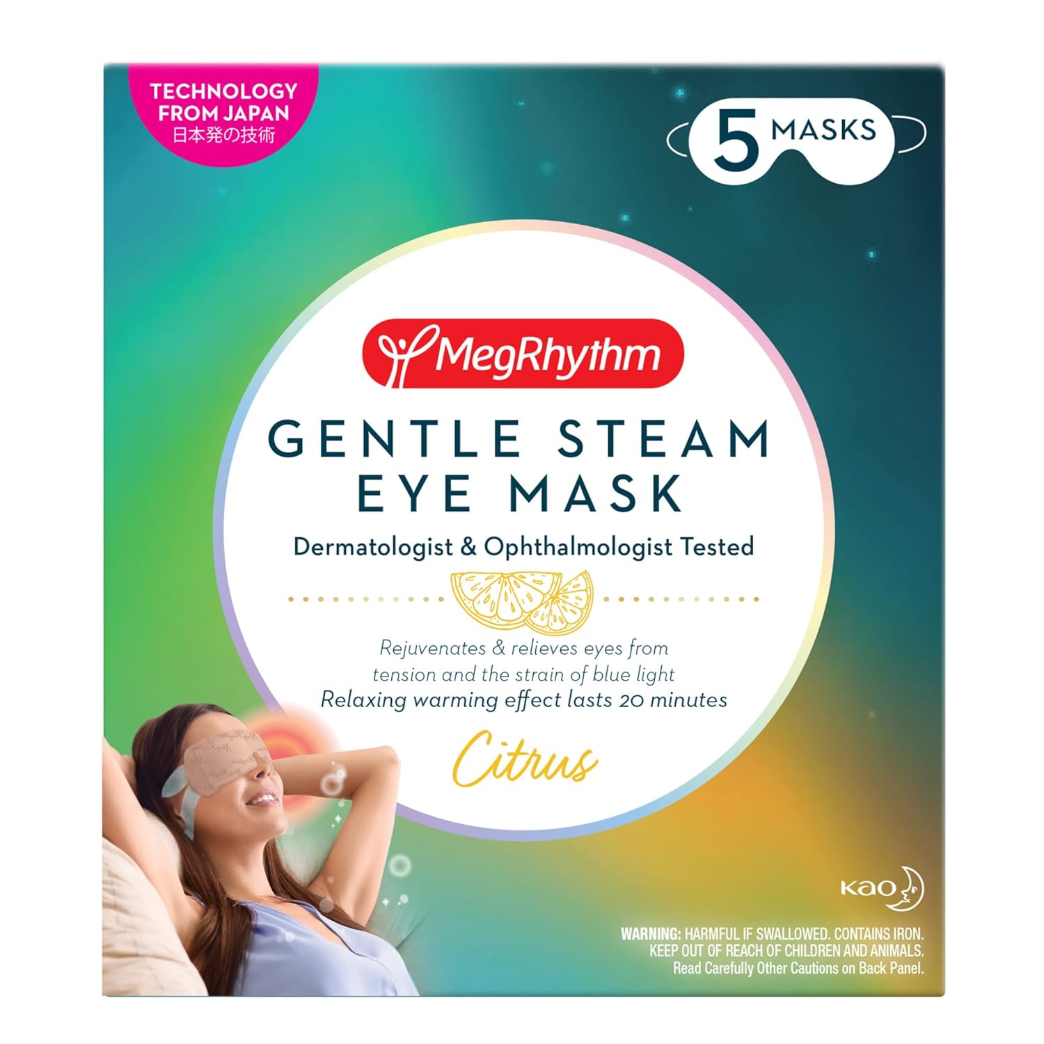Megrhythm By Kao Gentle Steam Eye Mask, Citrus, Soothing Steam Eye Mask, Rejuvenates Eyes, Reduces Tension, 5 Count, Dermatologist And Ophthalmologist Tested