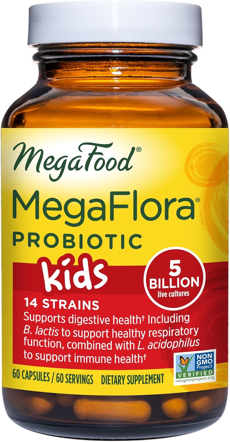 Megafood Megaflora Probiotic Kids - Probiotics For Kids 5+, 14 Probiotic Strains & 5 Billion Cfus - Probiotics For Digestive Health- Immune Support, Non-Gmo, Made Without 9 Food Allergens - 60 Caps