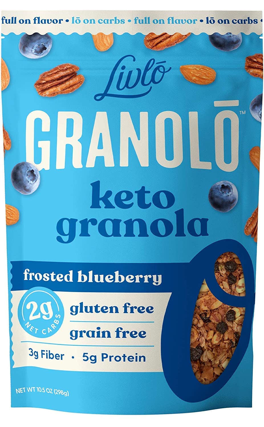 Livlo Keto Nut Granola Cereal - Only 2g Net Carb & Zero Added Sugar - Low Carb, Grain Free & Gluten Free Healthy Snack - Frosted Blueberry, 10.5 oz