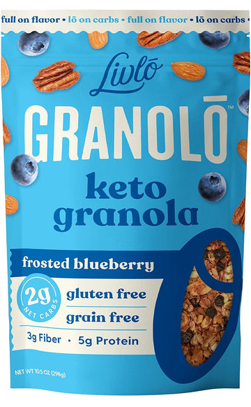 Livlo Keto Nut Granola Cereal - Only 2g Net Carb & Zero Added Sugar - Low Carb, Grain Free & Gluten Free Healthy Snack - Frosted Blueberry, 10.5 oz