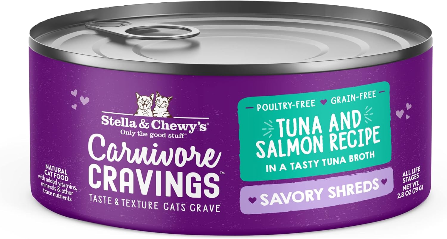 Stella & Chewy'S Carnivore Cravings Savory Shreds Cans – Grain Free, Protein Rich Wet Cat Food – Wild-Caught Tuna & Salmon Recipe – (2.8 Ounce Cans, Case Of 24)