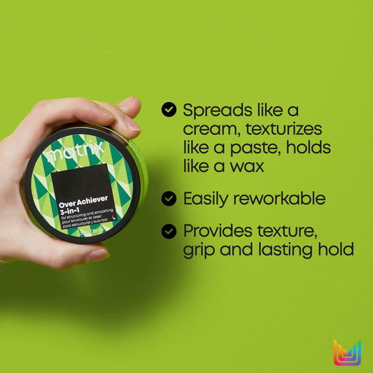 Matrix Styling Over Achiever 3-In-1 Wax | For Smoothing & Structuring Hair | Provides Long Lasting Texture & Grip | Reworkable Hold | Spreads Like Cream Pomade| For All Hair Types | 1.7 Oz
