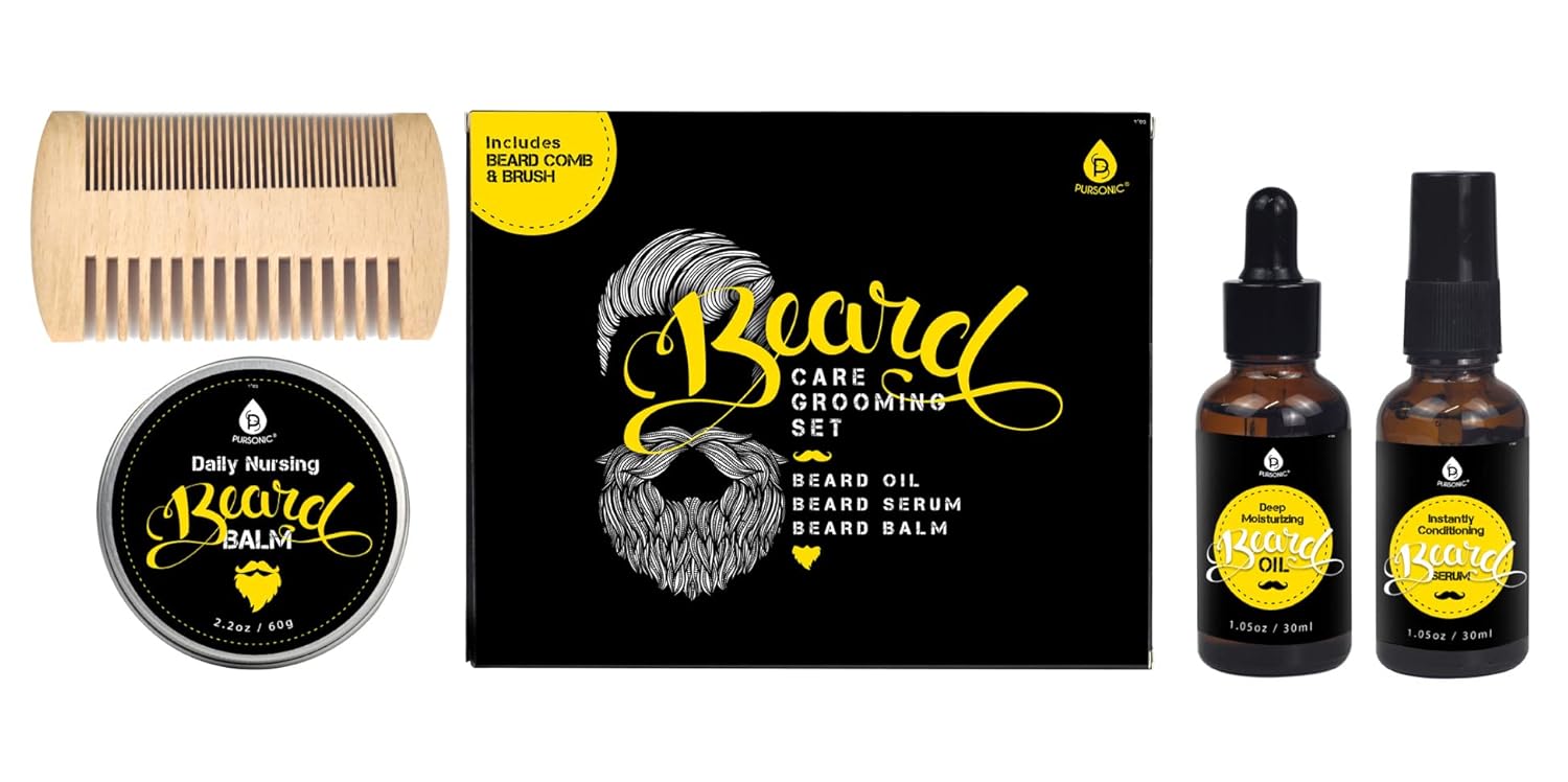 Pursonic Beard Care Grooming Set-Ultimate Beard Grooming Kit Includes Men'S Beard Comb, Beard Oil,Beard Balm & Beard Serum