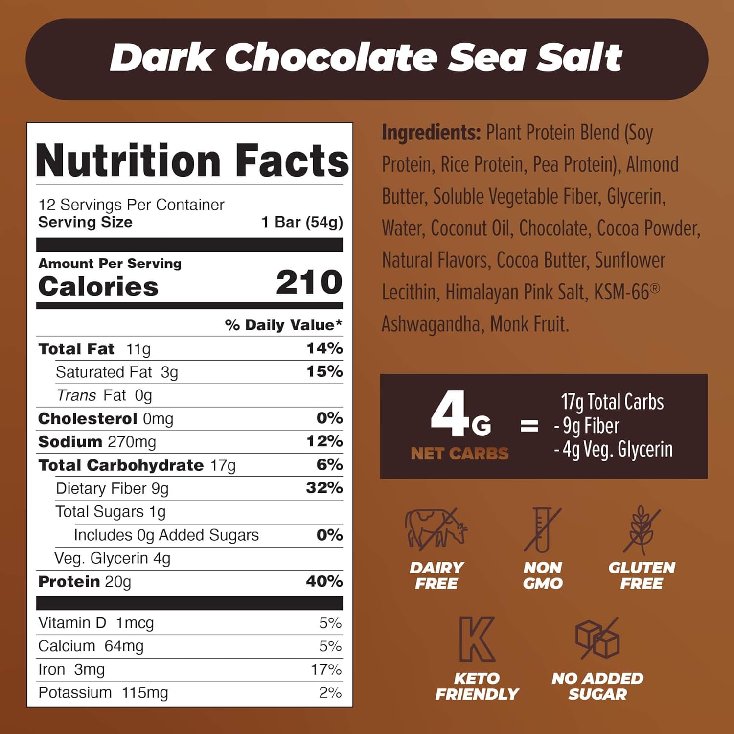 Atlas Protein Bar, 20g Plant Protein, 1g Sugar, Clean Ingredients, Gluten Free Dark Chocolate Sea Salt, 12 Count (Pack of 2) : Health & Household