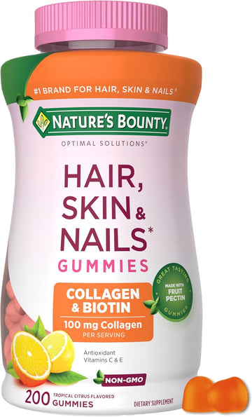 Nature'S Bounty Optimal Solutions Hair, Skin And Nails Collagen Pectin Gummies, 100 Mg Collagen And 2,500 Mcg Biotin Per Serving, No Stick Gummy, Tropical Citrus Flavor, 200 Ct, 100 Total Servings