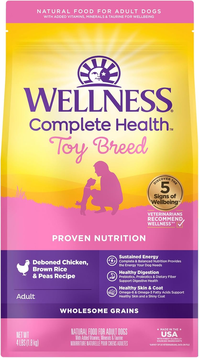 Wellness Complete Health Toy Breed Dry Dog Food With Grains, Chicken & Rice, 4-Pound Bag (Packaging May Vary)