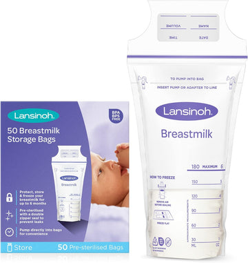 Lansinoh Breast Milk Storage Bags Breastmilk Pouches for fridge or freezer use, store flat or standing, BPA and BPS free, pre-sterilised, double zipper seal, Pack of 50