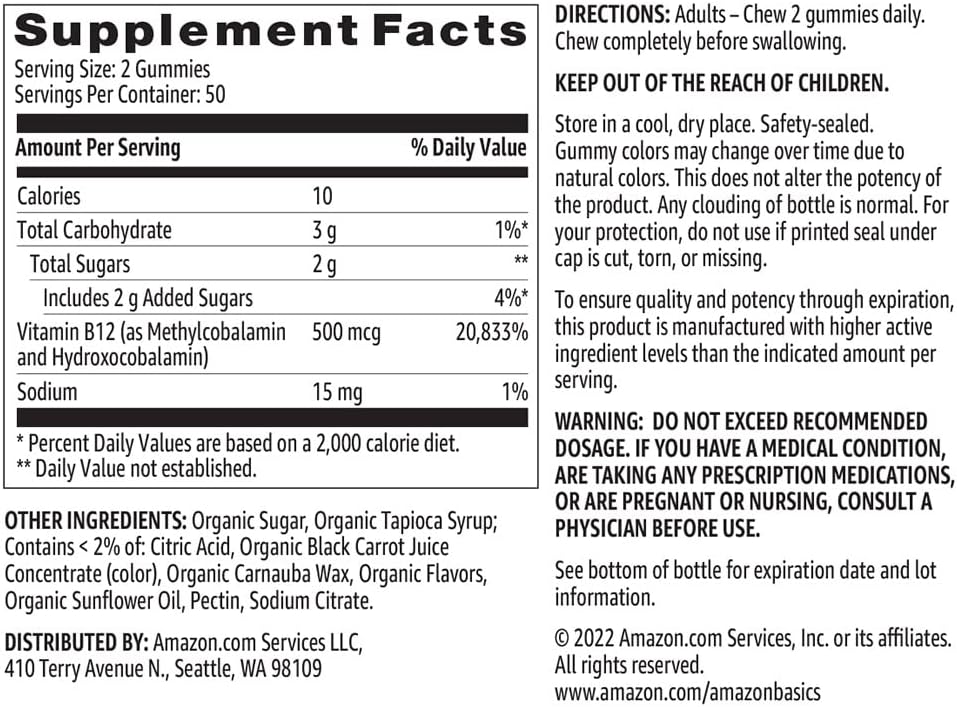 Amazon Basics Vitamin B12 500 mcg Gummies - Normal Energy Production and Metabolism, Immune System Support, Raspberry, 100 Count (2 per Serving) (Previously Solimo) : Health & Household