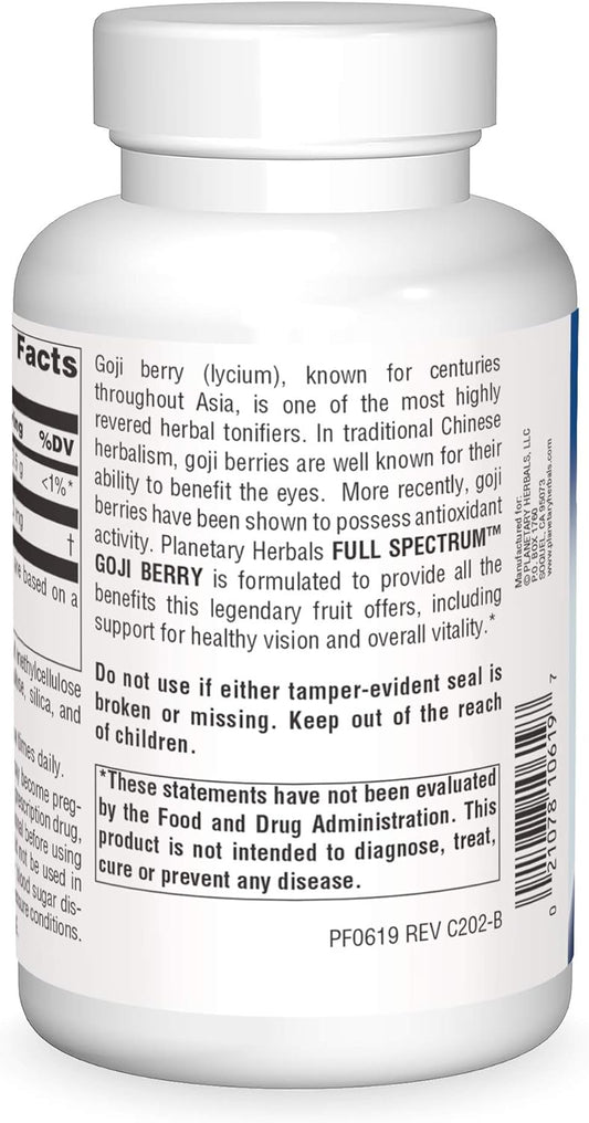 Planetary Herbals Goji Berry Full Spectrum 700mg, Botanical Elixir for Health and Longevity,180 Vegetarian Capsules