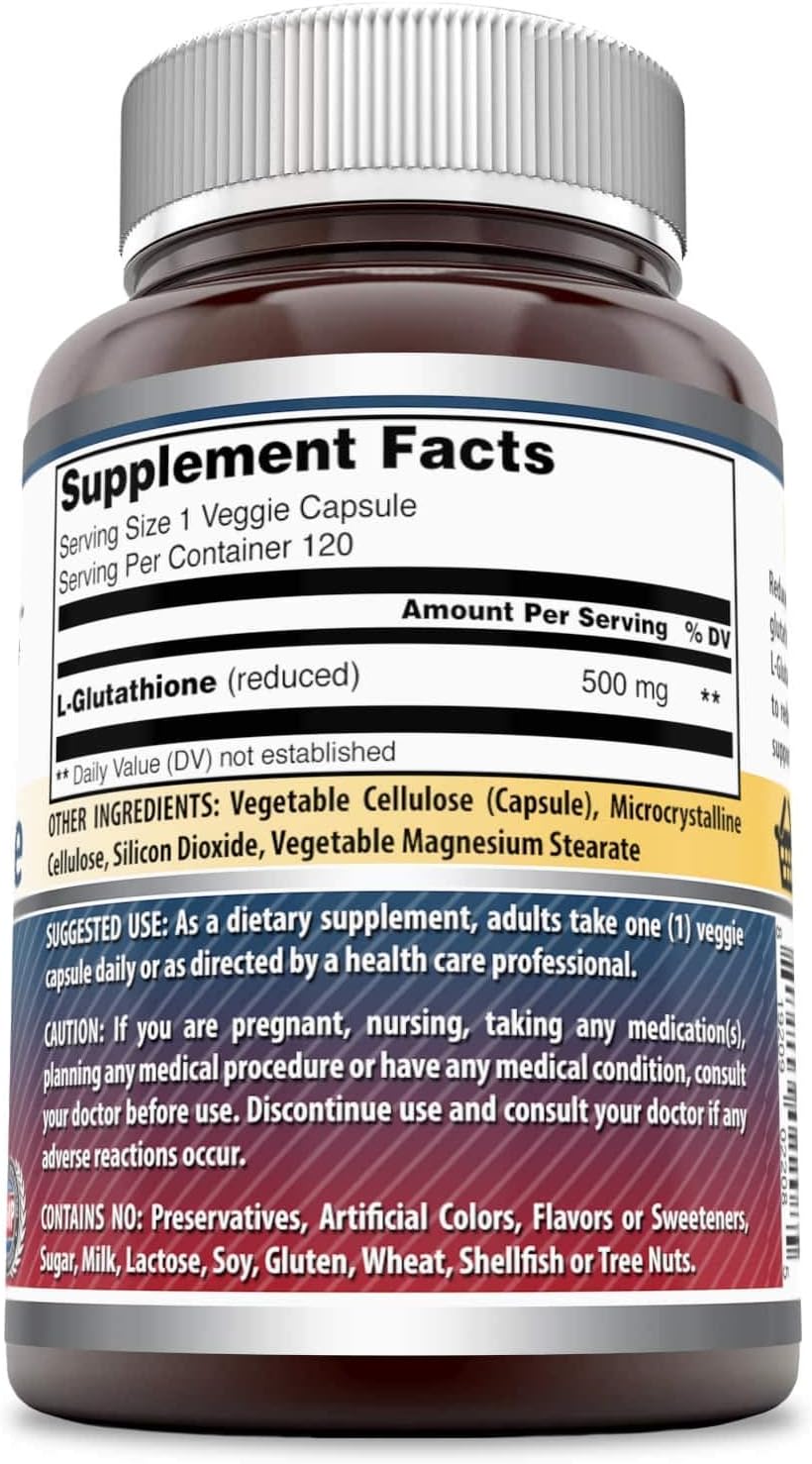 Amazing Formulas L-Glutathione 500 Mg 120 Veggie Capsules | Non-GMO | Gluten Free | Made in USA | Suitable for Vegetarians