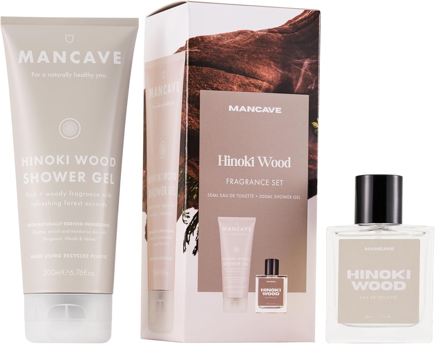 Mancave Hinoki Wood Men'S Fragrance Gift Set, 50Ml Hinoki Eau De Toilette, 200Ml Hinoki Shower Gel, Natural Woody Men'S Perfume Set, Fragrance Set, Fragrance Kit For Him
