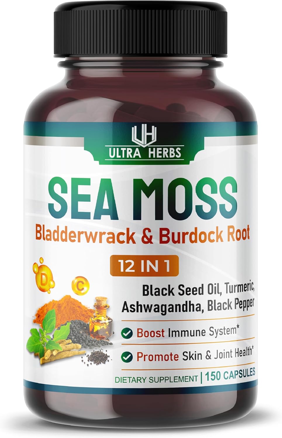 Organic Sea Moss Capsules 12,900Mg With Black Seed Oil, Ashwagandha, Burdock Root, Bladderwrack For Immune System, Gut, Skin & Energy *Usa Made & Tested* (150 Count (Pack Of 1))