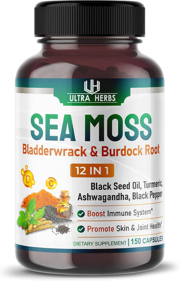 Organic Sea Moss Capsules 12,900Mg With Black Seed Oil, Ashwagandha, Burdock Root, Bladderwrack For Immune System, Gut, Skin & Energy *Usa Made & Tested* (150 Count (Pack Of 1))