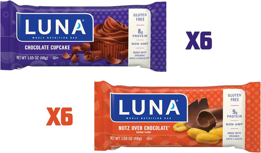 Luna Bar - Variety Pack - Nutz Over Chocolate And Chocolate Cupcake - Gluten-Free - Non-Gmo - 8-9G Protein - Made With Organic Oats - Low Glycemic - 1.69 Oz. (12 Count)