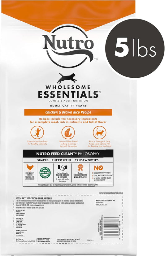 Nutro Wholesome Essentials Natural Dry Cat Food, Hairball Control Adult Cat Chicken & Brown Rice Recipe Cat Kibble, 5 Lb. Bag