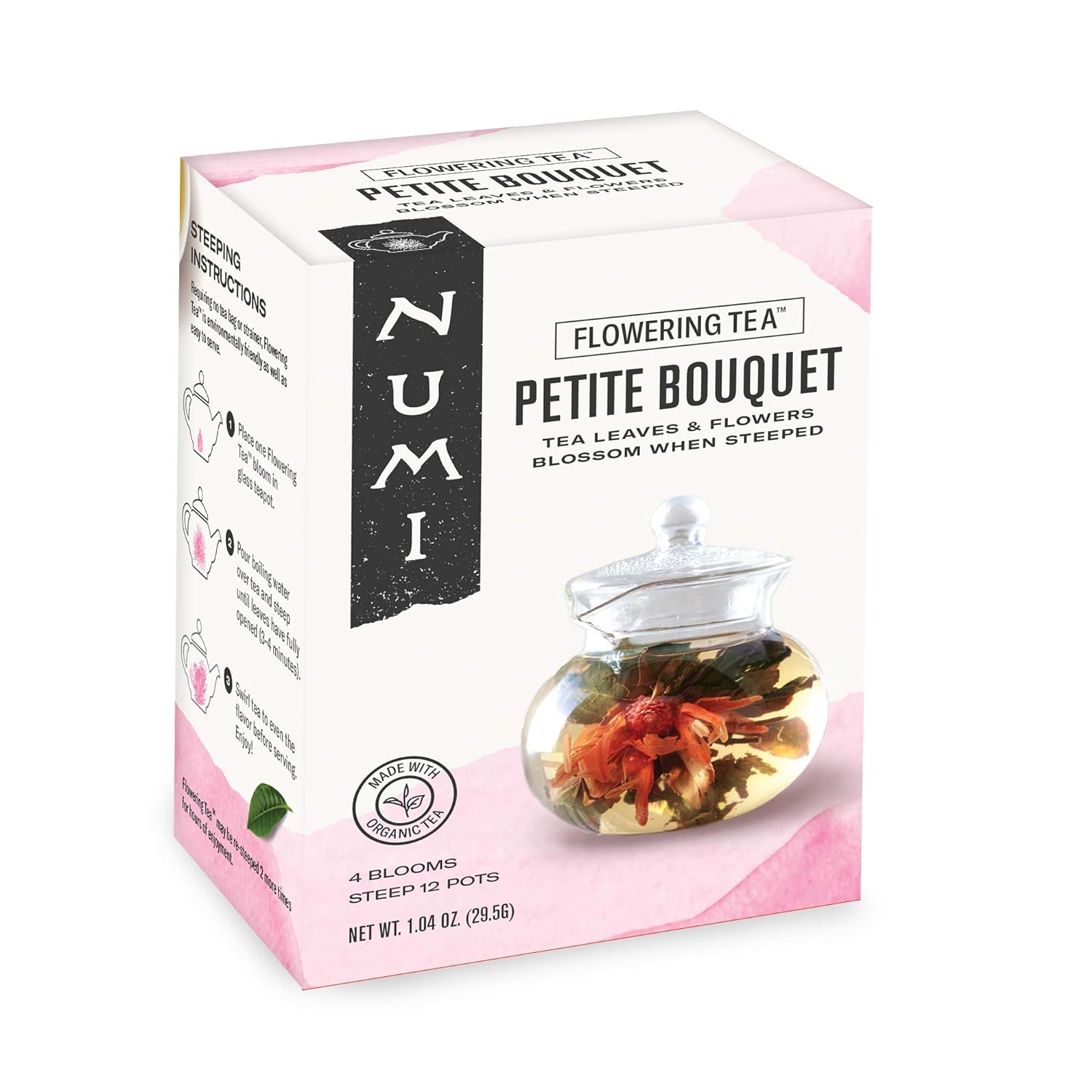 Numi Organic Tea Petite Bouquet 4-Variety Flowering Tea Blossoms, Blooming Tea Flowers, Steeps 12 Pots