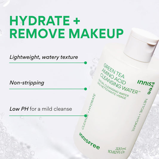Innisfree Green Tea Amino Acid Cleansing Water, Hydrating Micellar Makeup Remover, Korean Skincare, Dermatologist Tested