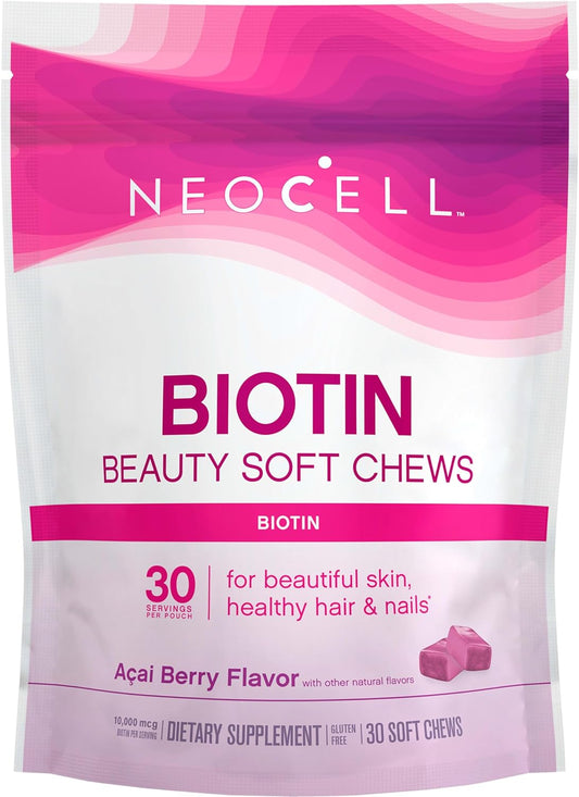 NeoCell Biotin Beauty Soft Chews, For Healthy Skin, Hair, Nails, Energy Support Supplement, Acai Berry Flavor, Soft Chews, 30 Count, 1 Bag