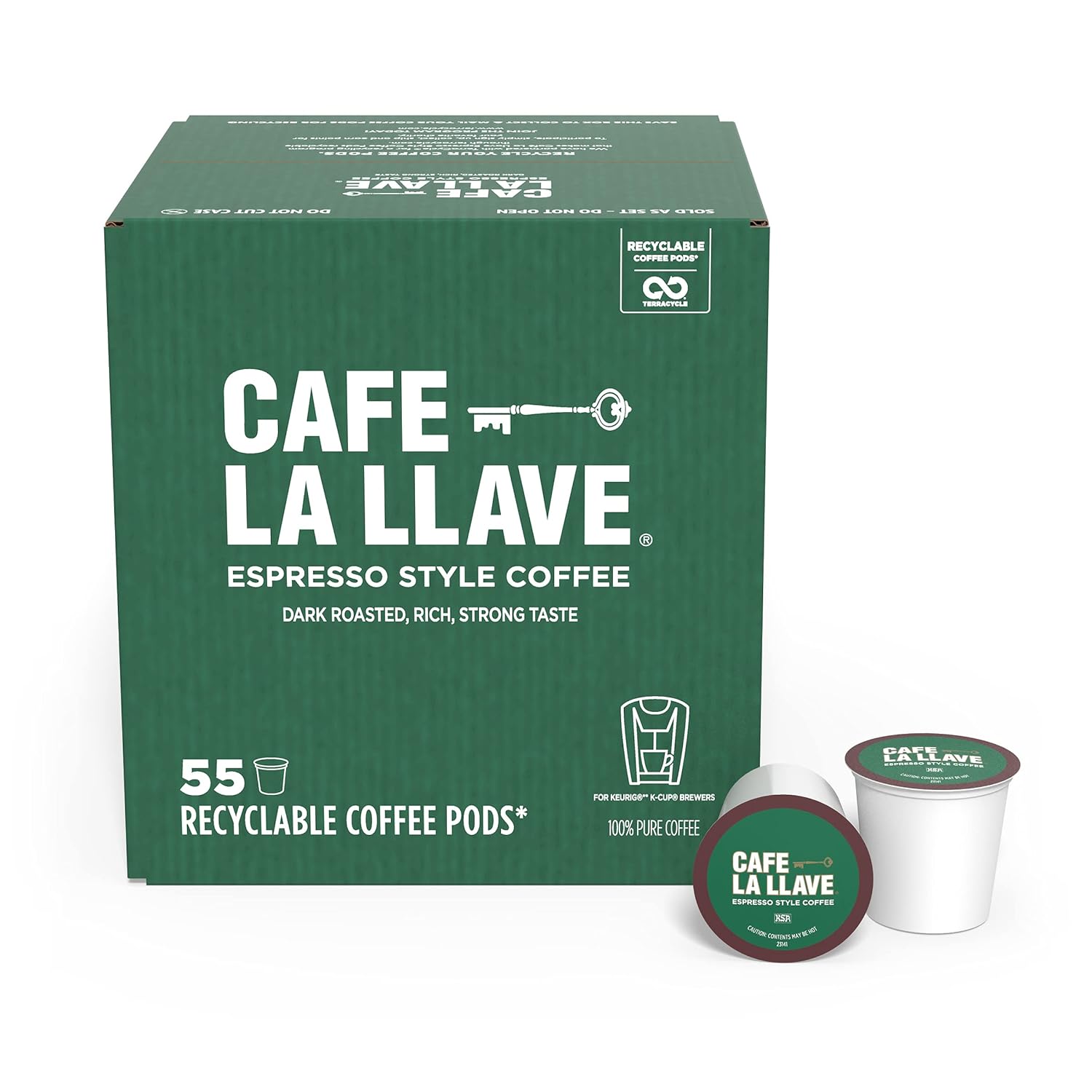 Cafe La Llave Espresso-Style Dark Roast Coffee Pods For Keurig K-Cup Brewers - Bold, Rich Flavor - 55 Count Single Serve Recyclable Capsules - Premium Arabica Beans - Family Crafted