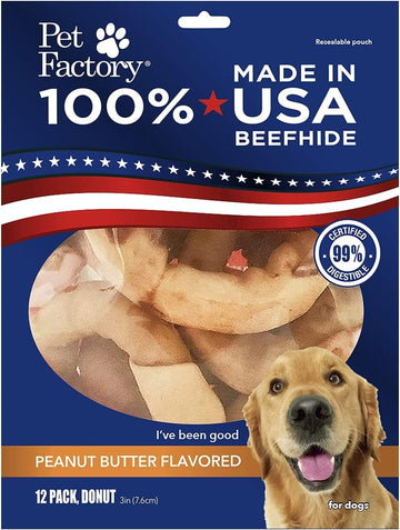 Pet Factory 100% Made In Usa Beefhide 3" Donuts Dog Chew Treats - Peanut Butter Flavor, 12 Count/1 Pack