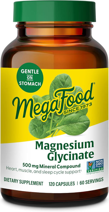 MegaFood Magnesium Glycinate 500mg - Chelated Magnesium Supplement - 60mg Elemental Magnesium - Gentle on the Stomach - Supports Normal Sleep Cycle & Healthy Stress Response - 120 Capsules 60 Servings