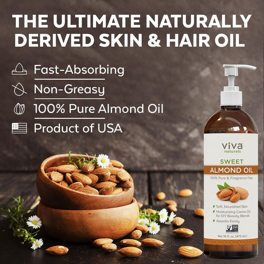 Sweet Almond Oil For Skin - Body Oil, Hair Moisturizer And Relaxing Massage And Oil, Carrier Oil For Essential Oils Mixing, Non-Greasy Pure Sweet Almond Oil For Hair And Skin, 16 Fl Oz