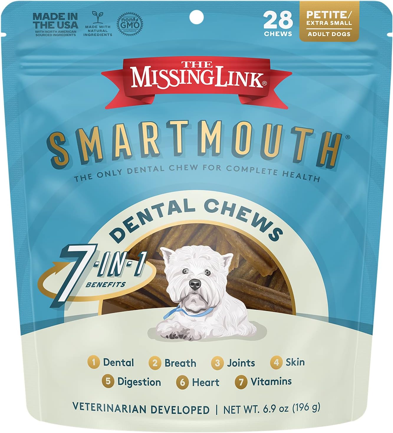 The Missing Link Smartmouth Vet Developed Dental Chew Treats, 7-in-1 Benefits: Healthy Teeth & Gums, Breath, Skin, Joints, Digestion, Heart, Immune System – Petite/XS 5-15lb Dogs, 28 Ct