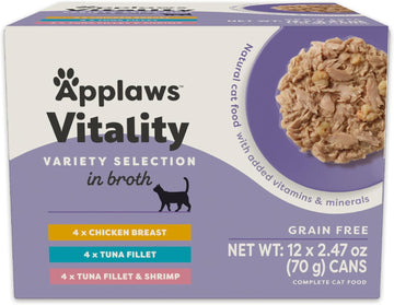 Applaws Vitality Wet Cat Food In Broth, Natural Canned Cat Food, Wet Food For Cats With Added Vitamins And Minerals, Grain And Carrageenan Free, Tuna Fillet & Salmon In Broth (24 Count, 2.47 Oz Cans)