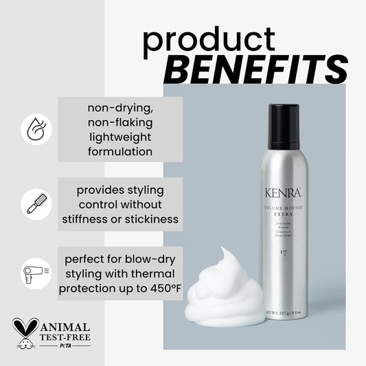Kenra Volume Mousse Extra 17 | Firm Hold Mousse | Alcohol Free | Non-Drying, Non-Flaking Lightweight Formula | Tames Frizz & Conditions |Thermal Protection Up To 450F| All Hair Types