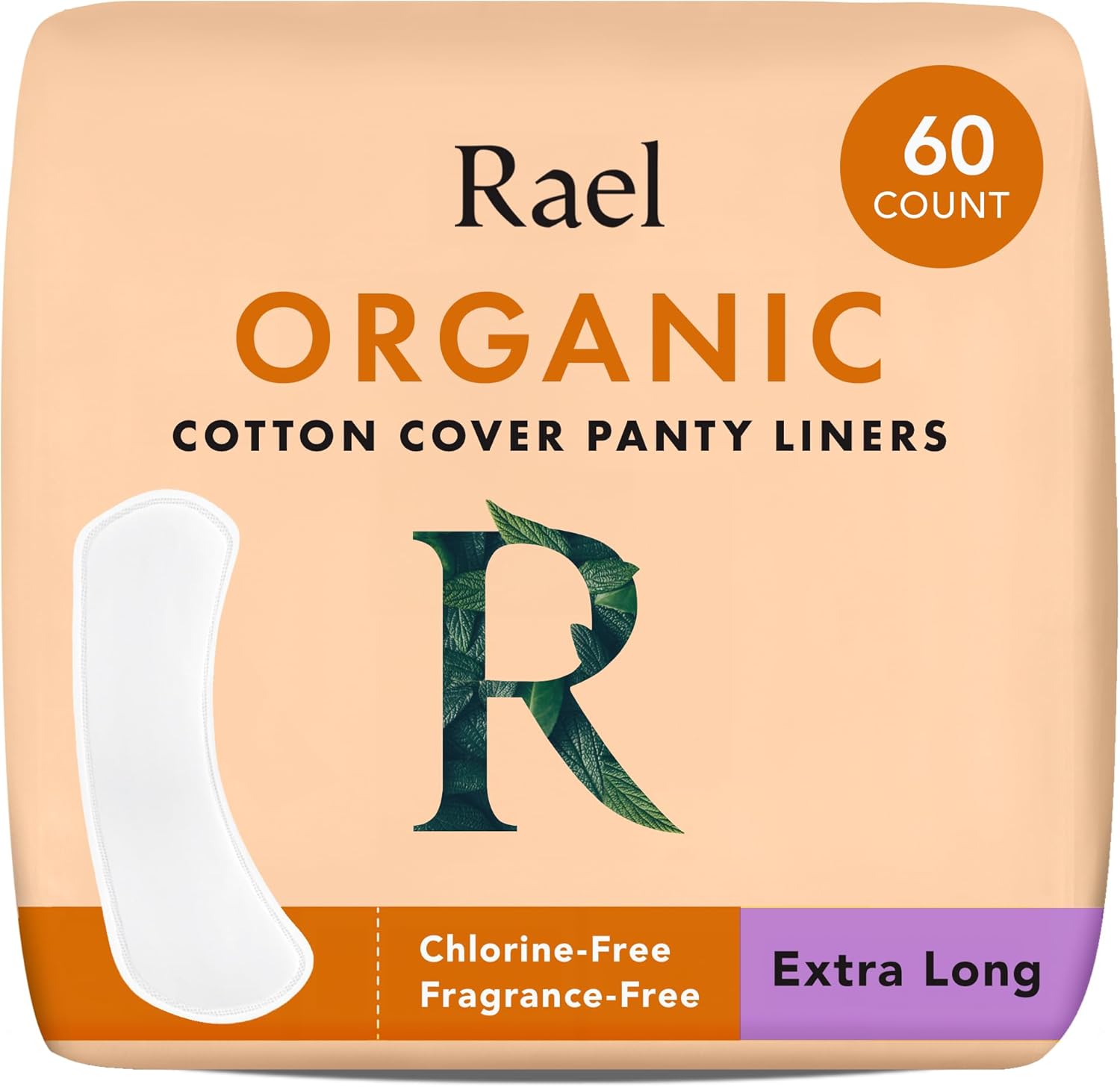 Rael Panty Liners For Women, Organic Cotton Cover - Extra Long Pantiliners, Light Absorbency, Unscented, Chlorine Free (Extra Long, 60 Count)