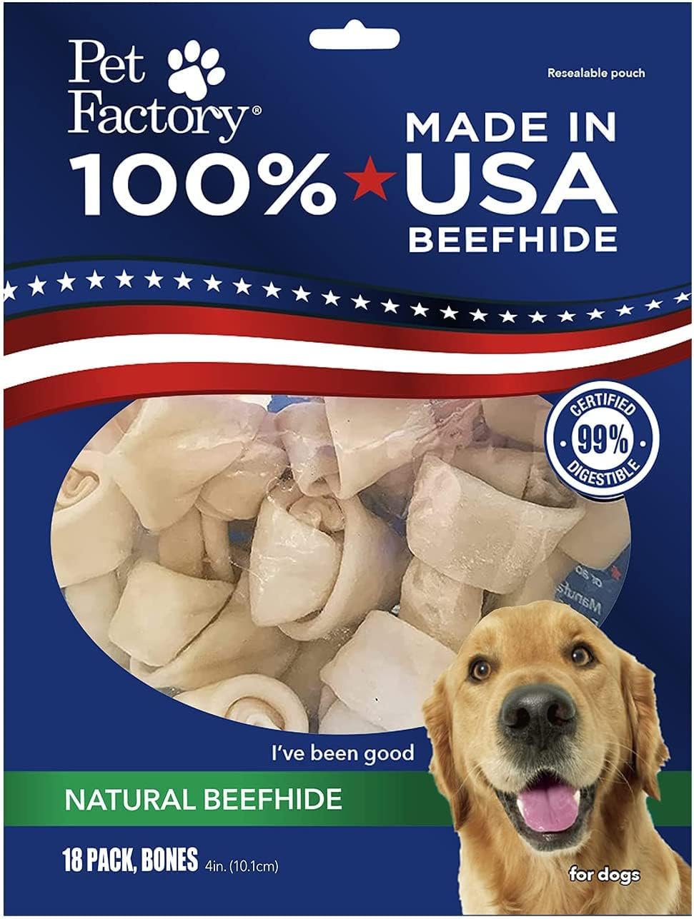 Pet Factory 100% Made In Usa Beefhide 4" Knotted Bones Dog Chew Treats - Natural Flavor, 18 Count/1 Pack
