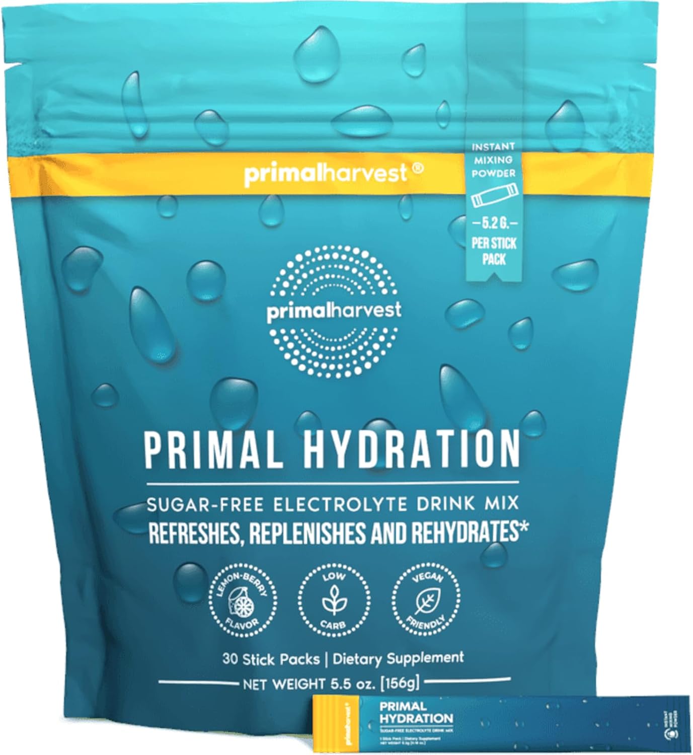 Primal Harvest Electrolytes Powder Packets Primal Hydration, Easy Open Packets, Energy Drink Mix (Lemon Berry, 30 Packs) (1 Bag)