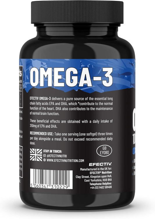 Efectiv Nutrition Omega 3 | 180 Softgels | Essential Fatty Acids | 1000 Milligrams Of Fish Oils | Contribute Towards A Healthy Heart | Maintenance Of Cognitive Function | 180 Servings
