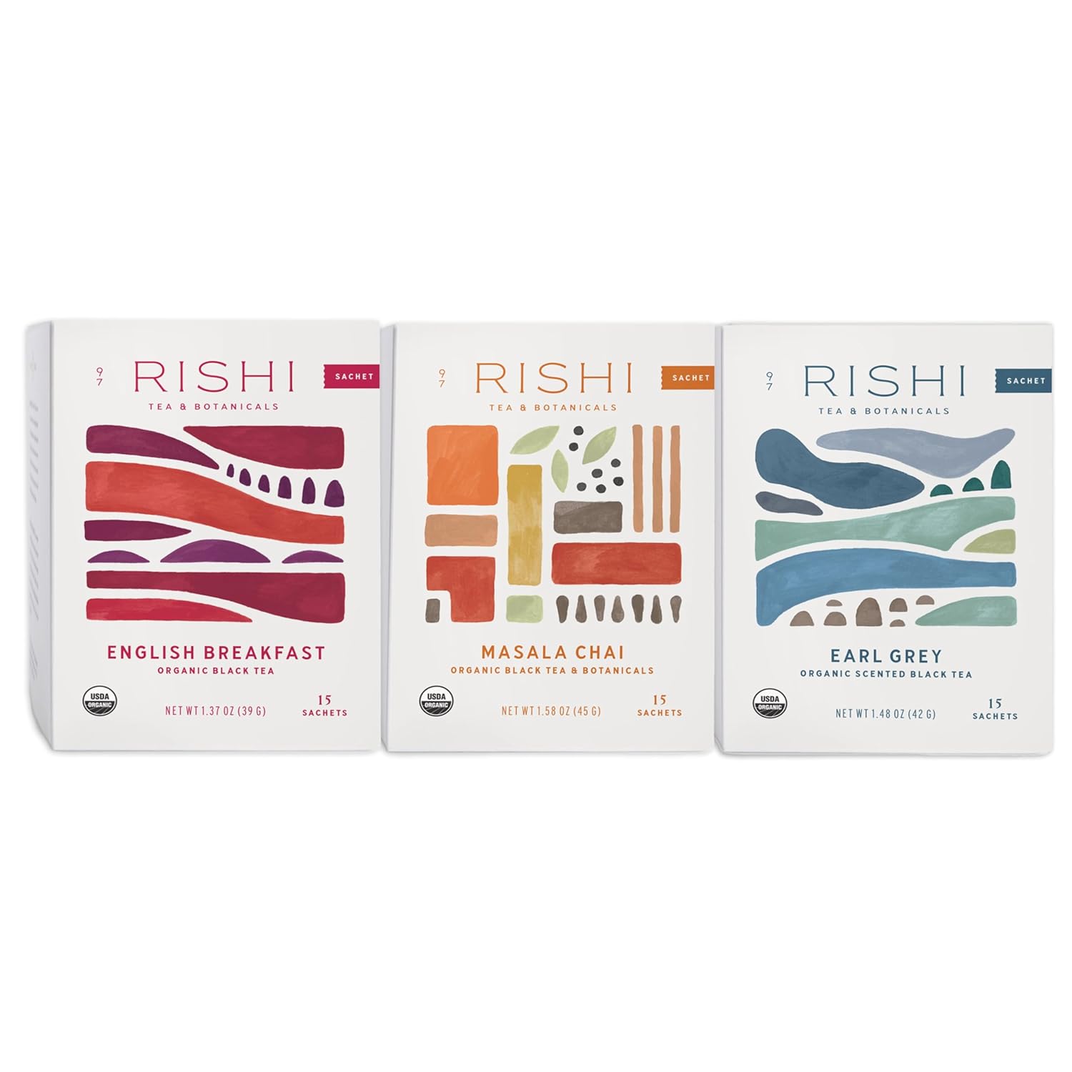 Rishi Tea Earl Grey, English Breakfast & Masala Chai Tea Bundle - Organic Sachet Tea Bags, Energizing Black Teas - 15 Count (Pack Of 3)