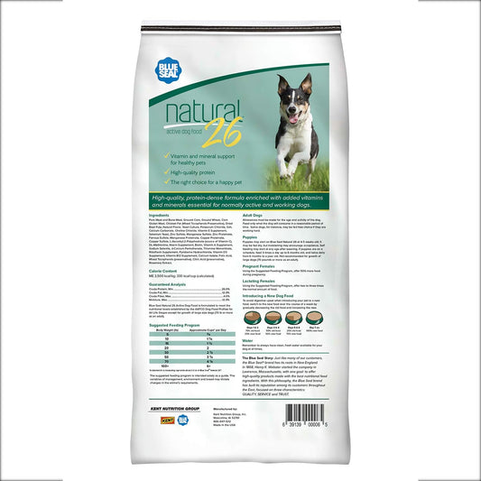 Blue Seal Natural 26 Active Dry Dog Food, Protein-Dense, Vitamin And Mineral Support, Ideal For Normally Active To Working Dogs, 25 Pound Bag