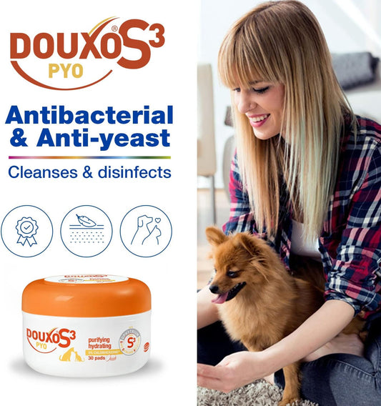 Douxo S3 Pyo Pads, Chlorhexidine Antibacterial & Anti-Yeast Dog And Cat Wipes, Gentle And Hydrating , Hypoallergenic Formula, Recommended By Vets And Clinically Proven, 30 Pads