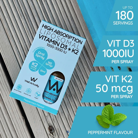 Well Actually Liposomal Vitamin D3 + K2 Spray - High Bioavailability - High Absorption Vegan Vitamin D3 2000 Iu & Vitamin K2-7 100Mcg As Menaquinone-7 Mk-7 - Strawberry & Rhubarb (180 Sprays)