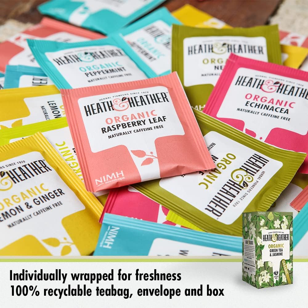 Heath & Heather Organic Green Tea with Jasmine (6 Packs of 20, Total 120) Individually Wrapped Caffeine-Free Herbal Tea Infusions : Amazon.co.uk: Grocery