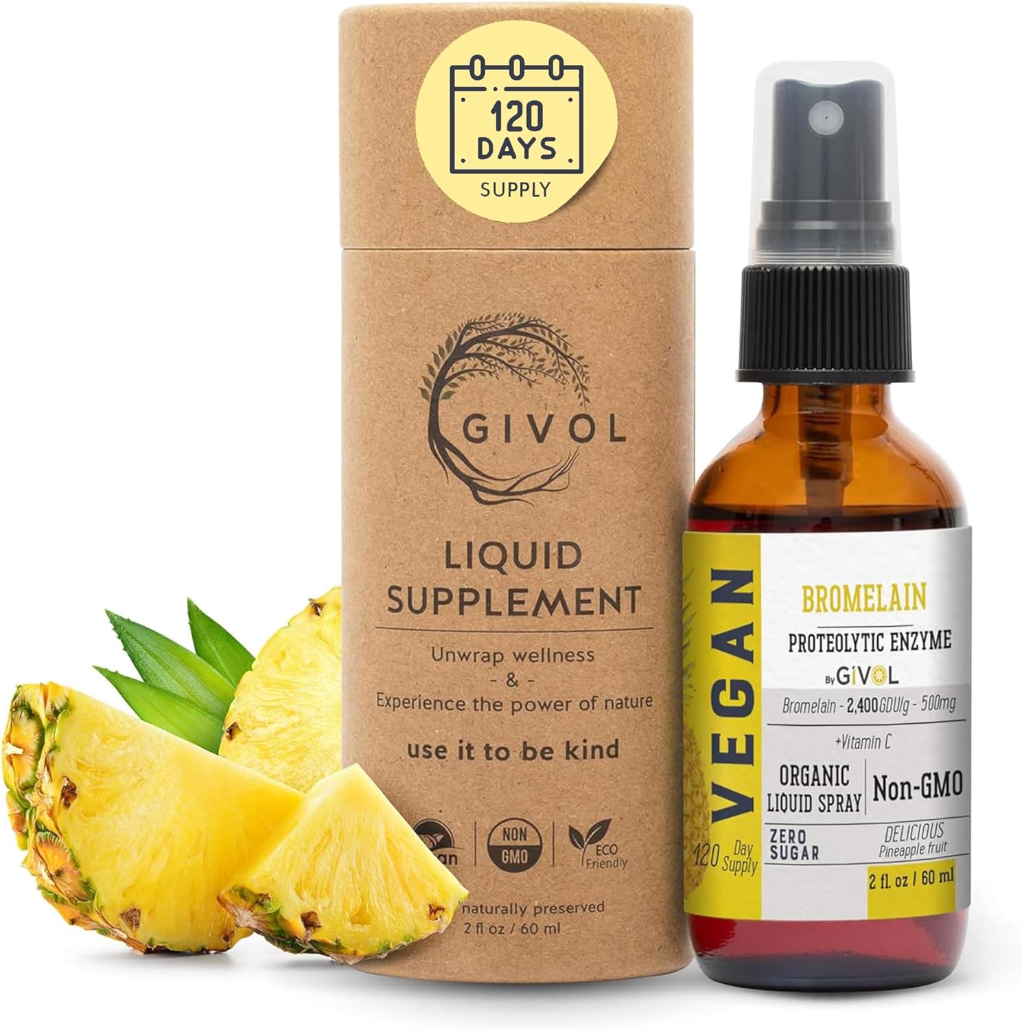 Organic Raw Bromelain Mist-Liquid Pineapple Extract - Enhanced Potency 500Mg, For Kids & Adults - For Digestive Health, Inflammatory Response, And Healing - Non-Gmo - 60Ml 120 Day Supply