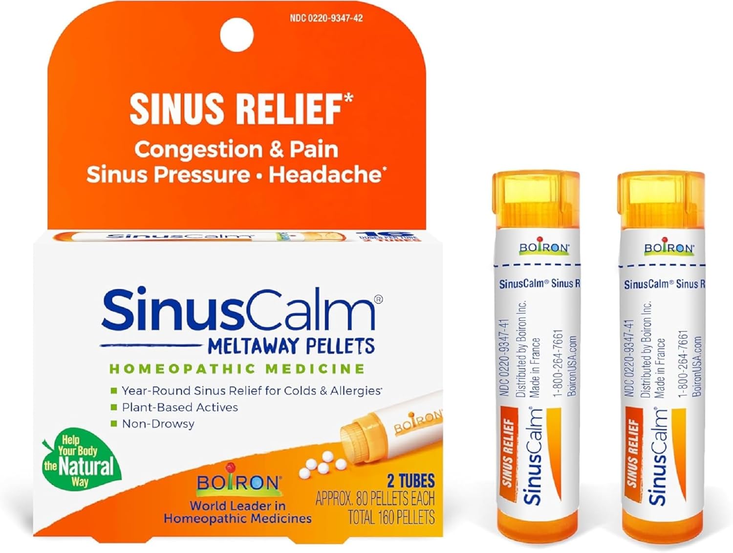Boiron Sinuscalm Pellets For Sinus Pain Relief, Runny Nose, Congestion, Sinus Pressure, Headache - 2 Count (160 Pellets)