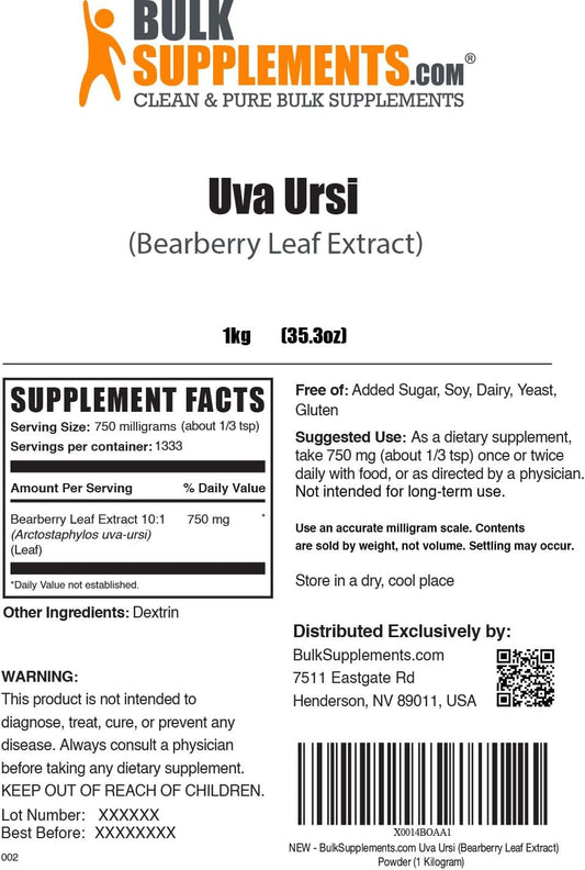 BULKSUPPLEMENTS.COM Bearberry Leaf Extract - Uva Ursi Extract - Bearberry Extract - Urinary Tract Health for Women & Men - Uva Ursi Bearberry Extract - Kidney Supplement (1 Kilogram - 2.2 lbs)