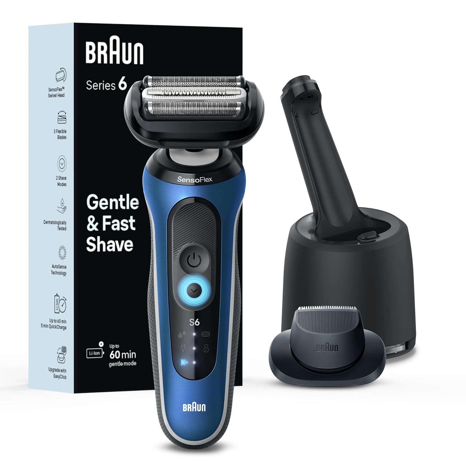 Braun Electric Shaver For Men, Series 6 6172Cc, Wet & Dry Shave, Turbo & Gentle Shaving Modes, Foil Shaver, Blue