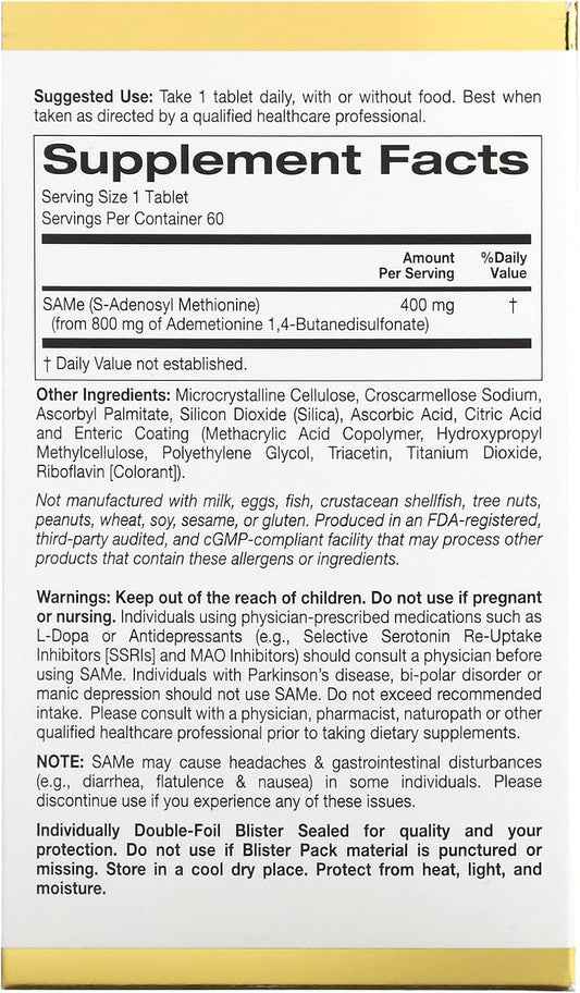 California Gold Nutrition Same (Butanedisulfonate), 400 Mg, 60 Enteric Coated Tablets