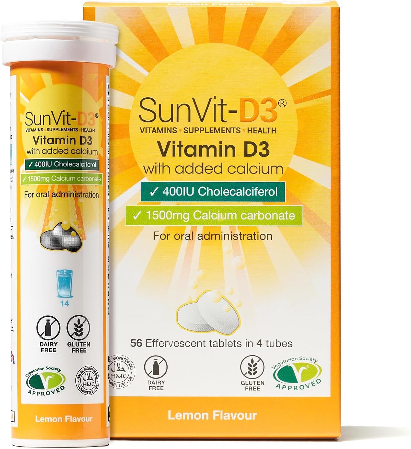 Sunvit-D3 Dissolvable Effervescent Lemon Calcium Fizzy Tablets 600Mg, With Vitamin D3 400Iu Daily Support For Strong Bones & Immune Health, Effervescent Calcium And Vitamin D Tablets 14 X 4 Tubes
