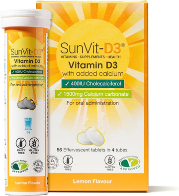 Sunvit-D3 Dissolvable Effervescent Lemon Calcium Fizzy Tablets 600Mg, With Vitamin D3 400Iu Daily Support For Strong Bones & Immune Health, Effervescent Calcium And Vitamin D Tablets 14 X 4 Tubes