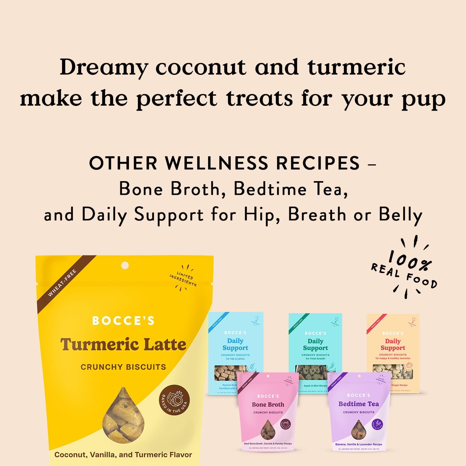 Bocce's Bakery Oven Baked Turmeric Latte Treats for Dogs, Wheat-Free Everyday Dog Treats, Made with Real Ingredients, Baked in The USA, All-Natural Biscuits, Coconut, Vanilla, & Turmeric, 5 oz : Pet Supplies