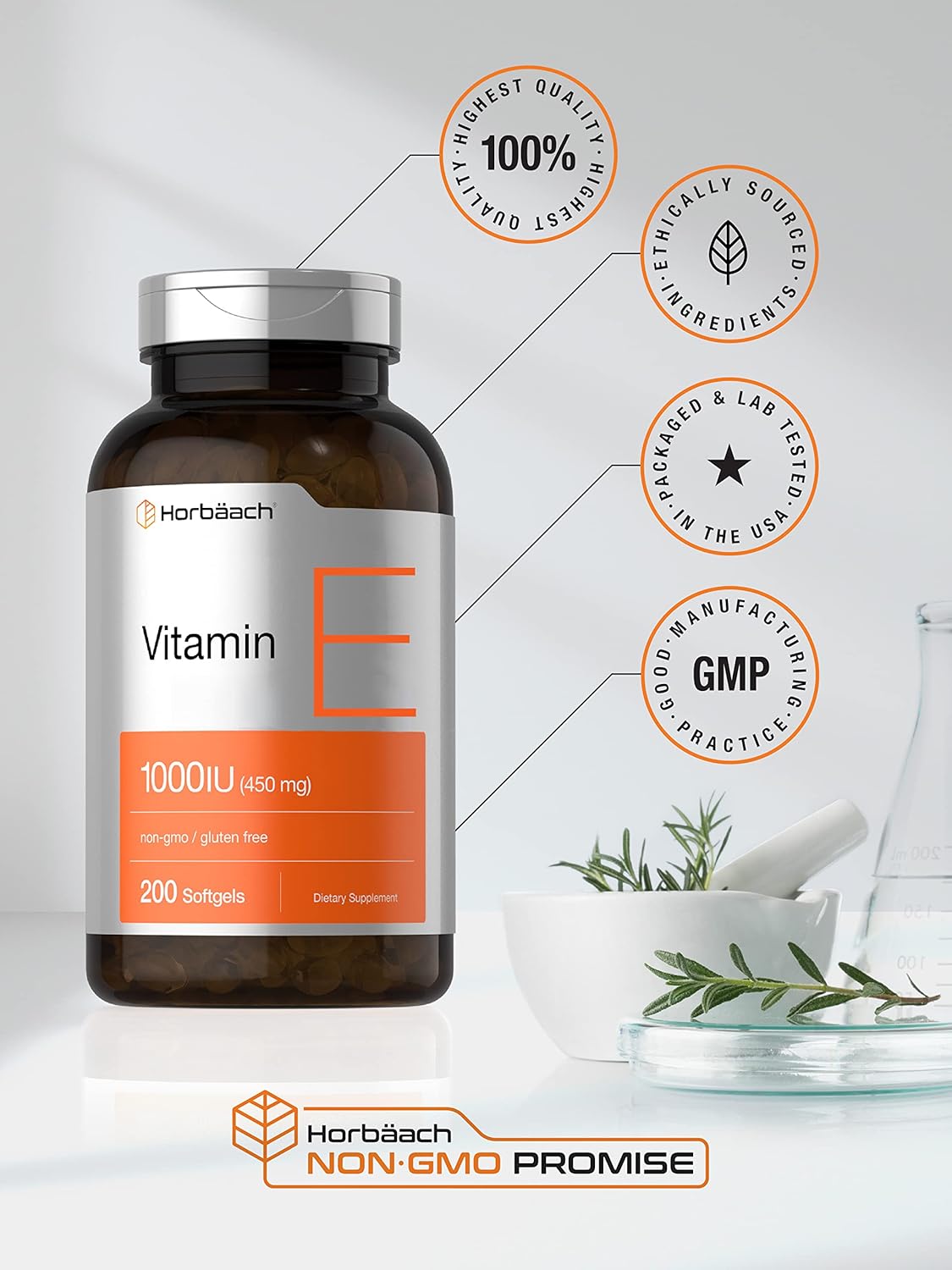 Vitamin E 1000 IU Softgel Capsules | 200 Count | Non-GMO, Gluten Free, Preservative Free | Vitamin E Oil | by Horbaach : Health & Household